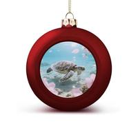 Sea Turtle Cherry Blossom Christmas Tree Ornaments 1.6 Inch Shatterproof Pc Plastic Balls with Lanyard Baubles Hanging Christmas Ball Ornaments for Xmas Tree Holiday Party Wedding Home Decorations-red