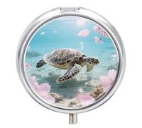 Sea Turtle Cherry Blossom Pill Case with Mirror Retro 3 Compartment Small Pill Organizer Metal Round Pill Box Or Vitamins Fish Oil Supplements Pill Container Travel for Purse Pocket