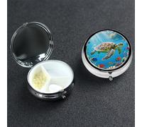Sea Turtle Colorful Fish Pill Box 3 Compartment Waterproof Pill Container with Mirror Metal Medicine Box Organizer Portable Vitamin Case for Pocket & Purse Travel - Round