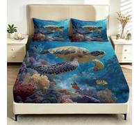 Sea Turtle Coral Reef Ocean Fitted Sheet Set Single Size 90x190 cm 3 Piece Microfiber Bed Sheets | Tropical Sea Life Soft Sheets, 12 inch Extra Deep Pocket with Elastic Corner Straps, Easy Care