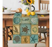 Sea Turtle Crab Seahorse Starfish Table Runner 72 Inches Long,Table Runners Kitchen Dining Tables Decoration for Home Party Decor, Vintage Marine Creature Style Tables Runner Wedding Dresser Scarf
