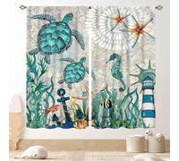 Sea Turtle Curtains, Coastal Nautical Beach Seaweed Seahorse Starfish Rod Pocket Window Treatments for Bedroom Living Room Bathroom Undersea Animal Blue Ocean Blackout Drapes, 42"x45" Inch