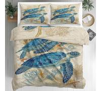 Sea Turtle Duvet Cover - Vintage Nautical Bedding - Marine Life Bed Set Super King Size 3 Piece - Reversible Soft Microfiber Quilt Cover 2 Pillowcases, Zipper Closure & Ties, 260x220 Ch172