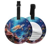 Sea Turtle Fish Round Luggage Tag 2PCS Ocean PU Leather Travel Bag Tag ID Labels Name Card Holder wtih Buckle for Luggage Suitcase Backpacks