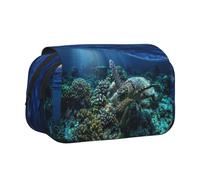 Sea Turtle Floating Up and Over Coral Flip-Top Double-Layer Pencil Case,Large Capacity (Holds 50 Pens/Pencis),Full-Print Durable Polyester School Office Supplies