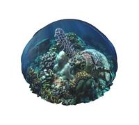 Sea Turtle Floating Up And Over Coral Print Premium Double Layer Shower Cap For Women With Reusable Shower Cap For Hair - Waterproof Plastic Cap - Shower Caps For Long, Short And Curly Hairs
