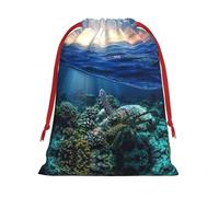 Sea Turtle Floating Up And Over Coral Print Ultra Soft Plush Drawstring Gift Bag, Xmas Party Candy Treat Favors, Christmas Holiday Sacks, Wedding Jewelry Pouches
