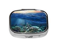 (Sea Turtle Floating Up and Over Coral) Square Pill Box with 2 Compartment Small Pill Organizer Portable Pill Case Vitamin Containers, Travel Essentials 5.5x4x1.8 cm