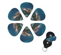 Sea Turtle Guitar Picks 6 Pack, 0.96mm Thickness Celluloid Bass Pick with Leather Guitar Pick Holder Keychain Abstract Art Pics Plectrum for Acoustic Electric Guitar, Ukulele, Bass
