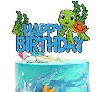 Sea Turtle Happy Birthday Cake Topper Blue Green Glitter Turtle Marine Sea Creatures Cake Decor Under The Sea Ocean Beach Theme Birthday Party Decorations Supplies
