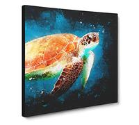 Sea Turtle in the Blue Ocean Paint Splash Canvas Print | Gallery Wrapped 30mm Frame Wall Art | 20x20 inches | Ready to Hang | Coastal Animals Picture | Living Room Bedroom Lounge Office