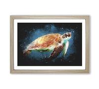 Sea Turtle in The Blue Ocean Paint Splash Framed Print | A2 Oak Framed Wall Art | Ready to Hang | Modern Animal Picture | Living Room Bedroom Lounge Office