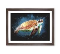 Sea Turtle In The Blue Ocean Paint Splash Modern Art Framed Print | A4 Walnut Framed Wall Art | Ready to Hang | Modern Animal Picture | Living Room Bedroom Lounge Office