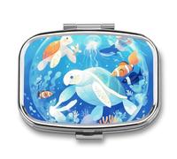 Sea Turtle Jellyfish Pill Case Box with 2 Compartment Medicine Vitamin Organizer for Purse Pocket 5.5x4cm