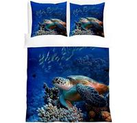 Sea Turtle King Size Duvet Cover Set Coral Reef Bedding 3D Soft Comfort Microfiber Quilt Cover 220x230 cm with Zipper Closure and 2 Pillowcases for Kids Teenager Adults U.16