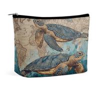 Sea Turtle Map Ocean Starfish Makeup Bag, Travel Toiletry Organizer, Cosmetic Pouch for Women, Birthday Presents for Mom Girls Women Sisters