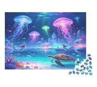 Sea Turtle Neon Jellyfish Jigsaw Puzzle for Adults 1000 Piece Jigsaw Puzzle Vibrant Underwater Scene Family Relaxing Home Decor Gift 70x50cm/1000pcs