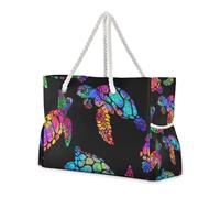 Sea Turtle Ocean Waves Boho Sandproof Tote Bag Travel with Side Pocketes Bag Beach Sports with Zippered Pockets