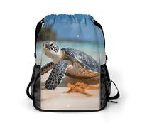 Sea Turtle on The Beach Sports Drawstring Backpack,Packsack with Shoe Compartment And Wet Proof Pocket for Youth