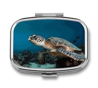 Sea Turtle Pill Box 2 Compartment Portable Travel Pill Case with Mirror Square Metal Medicines Storage Container Pocket Medicine Box to Hold Vitamins Fish Oil
