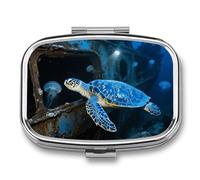 Sea Turtle Pill Box - 2 Compartment Travel Pill Organizer with Small Mirror, Portable Pillcase for Pocket & Purse, Cute Square Medicine Case, Weekly Medicine Container