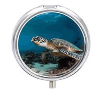 Sea Turtle Pill Box 3 Compartments Portable Pill Box with Mirror Round Metal Medicine Storage Box Medicine Box Vitamin Oil