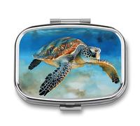 Sea Turtle Pill Case for Travel, Rectangle Metal Pill Organizer with 2 Compartments, Portable Daily Medicine Box for Purse, Wallet