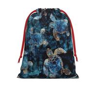 Sea Turtle Print Christmas Drawstring Gift Bags, Xmas Holiday Fabric Gift Wrapping Bag For Party, Size-L