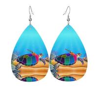 Sea Turtle Printed Teardrop Pendant Leather Earrings | Lightweight and Versatile Earrings | Suitable for Daily Commute and Date Wear