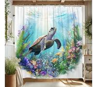 Sea Turtle Shower Curtain, Vibrant Aqua Green Marine Life Bath Curtain for Beach Decor, Summer Nautical Coastal Waterproof Fabric Shower Curtain Set with Hooks 62x72 Inch