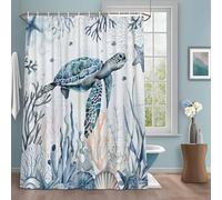 Sea Turtle Shower Curtain with 12 Hooks Ocean Starfish Coral Seagrass Waterproof Fabric Shower Curtains Sets for Bathroom Bath Decorations, Machine Washable, 72"x72"