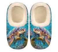 Sea Turtle Slippers for Women Men, Ocean Coral House Slippers Socks Warm Fuzzy Memory Foam Indoor Slippers Lightweight Cozy Anti-Skid Closed Back Home Shoes, Medium, Multicolor, 11-12