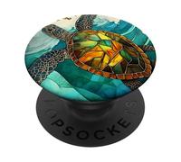 Sea Turtle, Stained Glass Style, Marine Animal in Ocean PopSockets Adhesive PopGrip