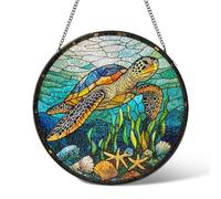 Sea Turtle Stained Glass Window Hanging,Ocean Theme Suncatcher Beach Garden Decor Birthday Gifts,Sun Catcher Home Decoration for Bedroom Kitchen Windows,Christmas for Grandma 7.9 IN