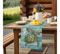 Sea Turtle Starfish Conch Coral Table Runner 36 Inches Long,Table Runners Kitchen Dining Tables Decoration Ocean Creature Retro Wooden Tables Runner for Home Party Wedding Dresser Scarf