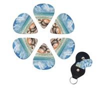 Sea Turtle Starfish Guitar Picks 6 Pack, 0.96mm Thickness Celluloid Bass Pick with Leather Guitar Pick Holder Keychain Abstract Art Pics Plectrum for Acoustic Electric Guitar, Ukulele, Bass