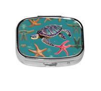 Sea Turtle Starfish Pattern Print Square Pill Box,Portable for Pocket Or Purse Pill Organizer Pill Container Holder