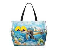 Sea Turtle Starfish Print Large Beach Bag Foldable Travel Shoulder Tote Bag With Pocket For Weekender Pool Vacation