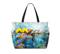 Sea Turtle Starfish Print Large Beach Bag Foldable Travel Shoulder Tote Bag With Pocket For Weekender Pool Vacation