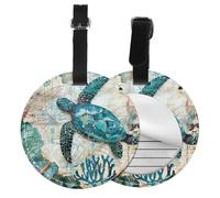 Sea Turtle Starfish Round Luggage Tag 4PCS Nautical Map PU Leather Travel Bag Tag ID Labels Name Card Holder wtih Buckle for Luggage Suitcase Backpacks