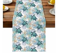 Sea Turtle Starfish Seashells Table Runner, Coastal Nautical Teal Yellow Blue Ocean Cotton and Table Linen Runner for Kitchen Dining Home Decor for Party Festival Holiday Decoration Gift 13x36in