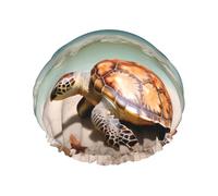 Sea Turtle Starfish Shower Cap for Women Men, Adjustable Reusable Shower Bonnet Double Layer Waterproof Bath Caps, EVA Lining, Elastic Band Hair Cap for All Hair Lengths