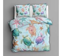 Sea Turtle Starfish Single Bed Duvet Cover Set 2 Piece with 1 Pillowcase, Coastal Ocean Marine Life Patterned Bedroom Decor Bedding, Soft Microfibre Quilt Cover with Zip IT#64