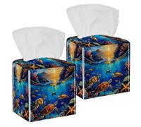 Sea Turtle Starfish Tissue Box Cover, 2 Pack PU Leather Square Facial Tissue Dispenser Box holder for Home Office Car