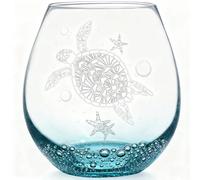 Sea Turtle Stemless Wine Glass - 19oz Hand-blown Blue Bubble Base Glassware-Unique Birthday Gifts for Women & Turtle Lovers-Coastal Ocean Decor for Beach House & Parties-Gift Box Included(Bubbly Teal)