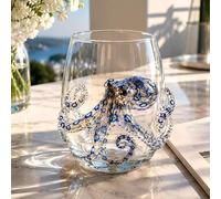 Sea Turtle Stemless Wine Glass,Unique Ocean Themed Glassware,Artisanal Blue Ringed Octopus Drinking Glass 12 Oz Borosilicate Tumbler,Drinking Glass Cup with 2D/3DCute Animal Figurine (Octopus-3D)