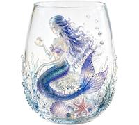 Sea Turtle Stemless Wine Glass,Unique Ocean Themed Glassware,Artisanal Blue Ringed Octopus Drinking Glass 12 Oz Borosilicate Tumbler,Drinking Glass Cup with 2D/3DCute Animal Figurine (Mermaid 2D)
