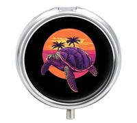 Sea Turtle Sunset Palm Trees Round Pill Box Organiser 3 Compartment Portable Medicine Case