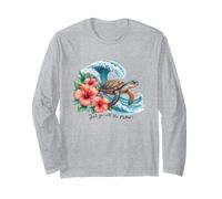 Sea Turtle Surfing Wave with Hibiscus Flowers Tropical Beach Long Sleeve T-Shirt