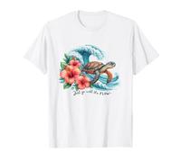 Sea Turtle Surfing Wave with Hibiscus Flowers Tropical Beach T-Shirt